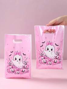 Halloween Pink Ghost Pumpkin Handheld Treat Bags, Cute Bow Goodie Gift Bags, Plastic Candy Sacks For Trick Or Treat Halloween Party Favor Supplies - Ghost Foundation - View 2