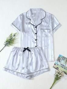 2pcs Satin Striped Bow Print Short Sleeve Pocket Lapel Top And Bow Shorts Women's Pajama Set Loungewear - Light Grey - View 1