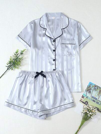 2pcs Satin Striped Bow Print Short Sleeve Pocket Lapel Top And Bow Shorts Women's Pajama Set Loungewear