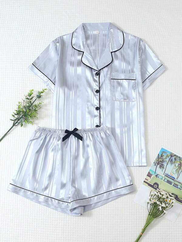 2pcs Satin Striped Bow Print Short Sleeve Pocket Lapel Top And Bow Shorts Women's Pajama Set Loungewear