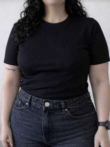 Basic T-Shirt With Round Neck, Short Sleeves, Ribbed Knit, Premium Style, Casual Everyday Wear, Comfortable, Plus Size 012 - Dark Wash - View 2