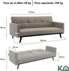 Kingshouse |   Sillón Sofá Cama Plegable - Sala Moderna Minimalista - Tapizado Poliéster - Estructura Madera - 3 Personas - Departamento o Casa - Color Gris - Beige - Ver 4