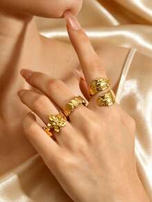 3pcs Summer Elegant Stainless Steel Flower Shell Leaf Women's Ring Set, Suitable For Daily Wear, Dating, Party, Holiday Accessories, Open Adjustable - Gold - View 1