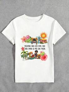 夏季圓領 DTMF 圖案修身正肩 T-shirt，度假旅行海灘風 - 白色3 - 查看 3