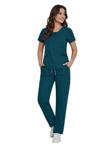 Women's Beauty Salon Spa Esthetician Doctor Nurse Hospital Care Dental Scrub Uniform 2-Piece Set Fall - Teal Blue - View 2