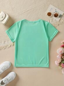 Girls' Short-Sleeved T-Shirt, Summer Style, With "Cherry Bomb" Print, Bow And Cartoon Cherry Design, Casual And Versatile Top NY-DX9386 - 綠色 - 查看 2