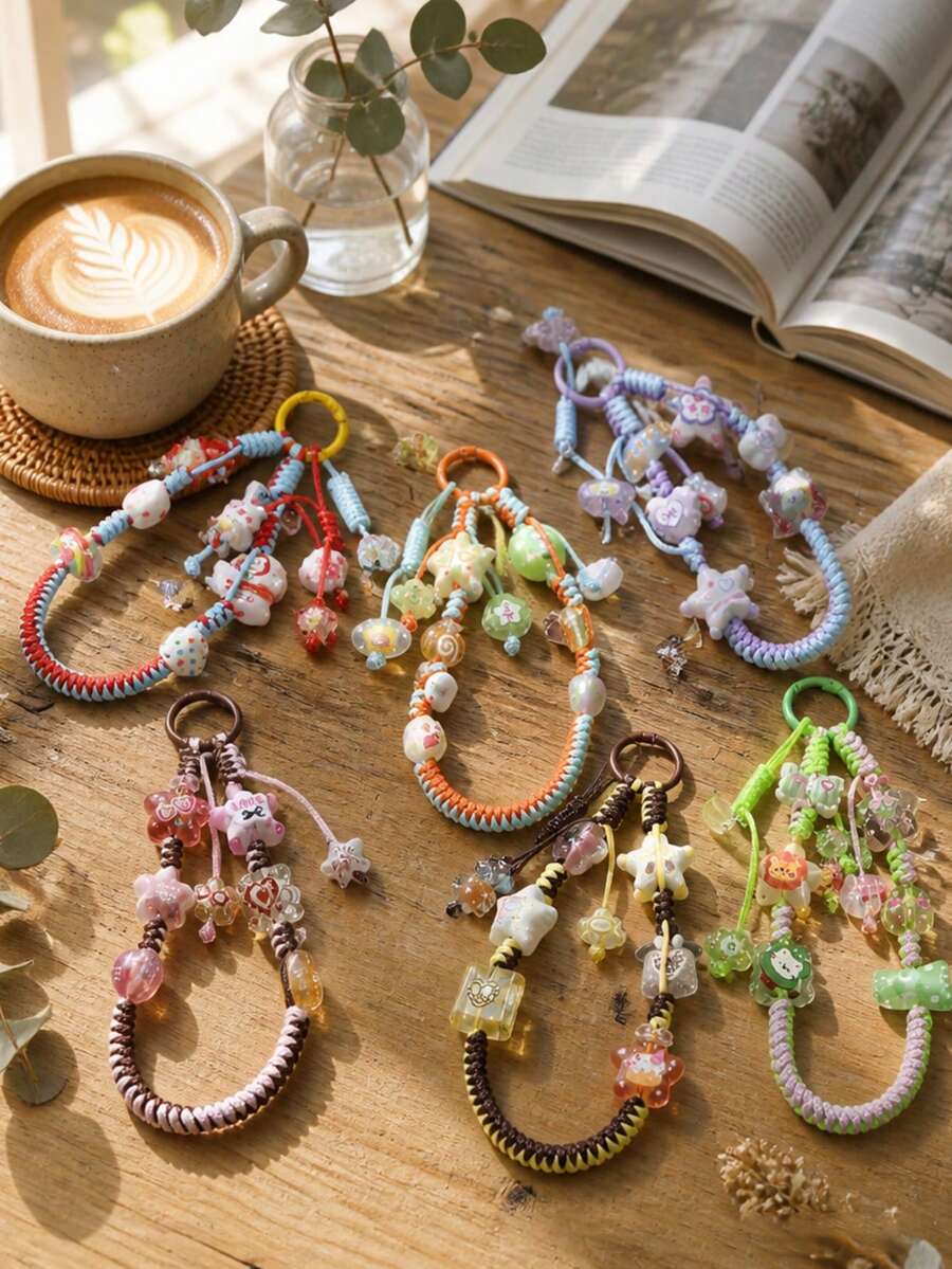 1pc Y2K Style Colorful Beads Zinc Alloy Phone Wrist Strap, Mixed Pendant Keychain, School Backpack Charm - Multicolor - View 1