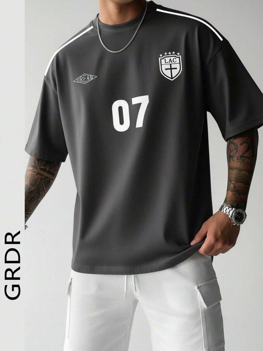 GRDR Men's Summer Fashion Graphic Number Print Short Sleeve T-Shirt, Suitable For Daily Commute And Exercise. - 深灰色 - 查看 1