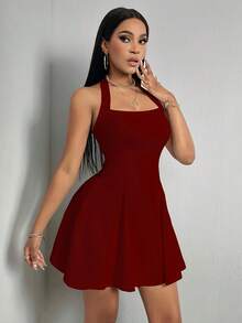 Vestido corto casual de verano, de cintura baja, sujetado, de tela lisa, para vacaciones de mujer - rojo intenso - Ver 4