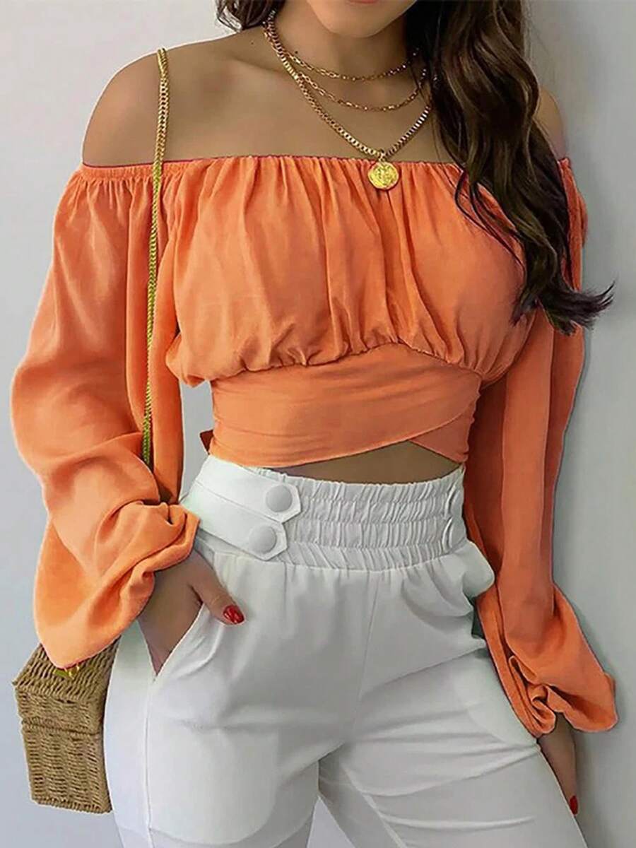 Elegant Women's Blouse With Bohemian Print, Short Loose Lantern Sleeves, Off-Shoulder, For Summer - 橘色 - 查看 1