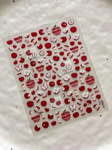 1/2pcs Cute Red Apple 3D Embossed Nail Art Stickers, Cartoon Bow & Heart Design, Self-Adhesive Nail Decoration Stickers - Multicolor - View 5
