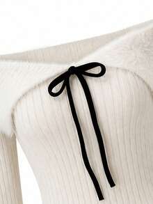 Korean Style Square Neck Faux Fur Collar Long Sleeve Knit Sweater Women Spring Slimming Fitted Base Layer Top - White - View 8