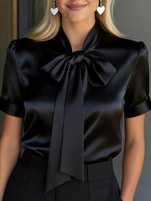Plus Size - Plus Size - Plus Size Fashion For Women, Elegant Short Sleeve Top With Bow Neck And Temperament - 黑色 - 查看 3