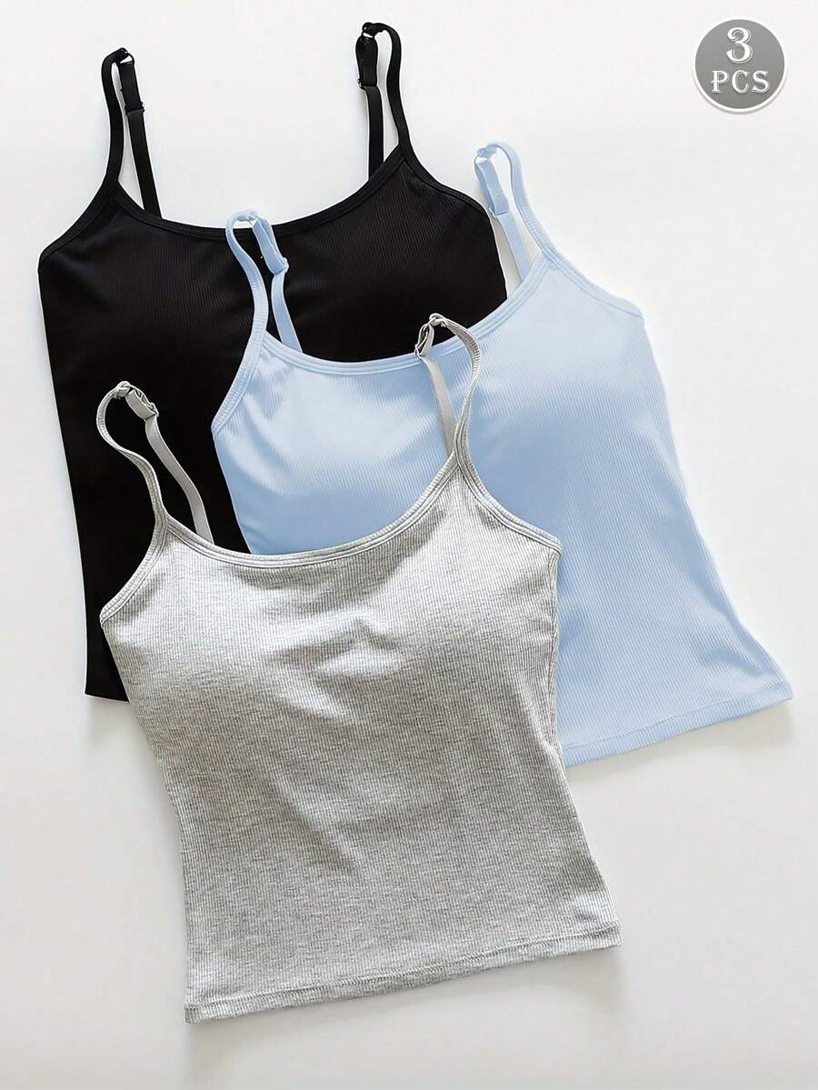 3-Piece Women's Plain Ribbed T-Shirt With Padded Bra, Casual Fitted Crop Top For Exercise - Aprikot - View 1