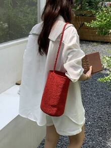 2026 New Blue Pure Handmade Woven Bag, Women's Shoulder Bag, Armpit Bag, Fashionable Commuting Bag, Daily Travel Charm, Versatile Leisure Bucket Bag - Red - View 3