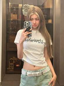 韓系小眾夏季新款數位直條紋印花修身顯瘦女款休閒白色上衣 - 白色 - 查看 2