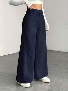 Women's High Waist Wide Leg Trousers - Corduroy Texture, Casual Pants, Comfortable For All Seasons, Machine Washable - 藍色 - 查看 3