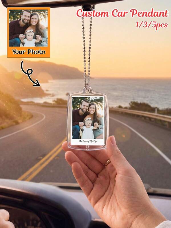 Custom Photo Car Pendant Clear Acrylic Double Sided Picture Hanging Ornament Personalized Family Couple Baby Pet Photo Rearview Mirror Charm 1/3/5 Packs Customized Car Interior Decor Gift For New Driver Valentine Anniversary Christmas