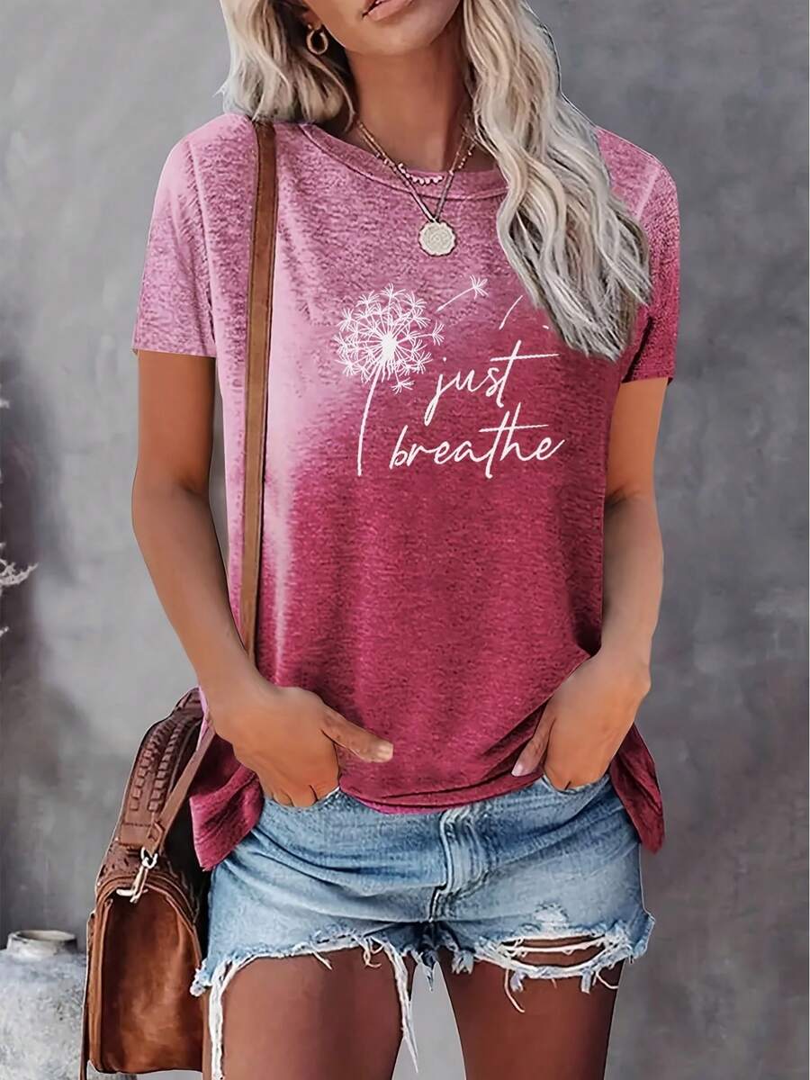 Dandelion Print T-Shirt With The Phrase "Just Breathe", Casual Short Sleeve Top With Round Neck, Women's Clothing - 粉色 - 查看 1