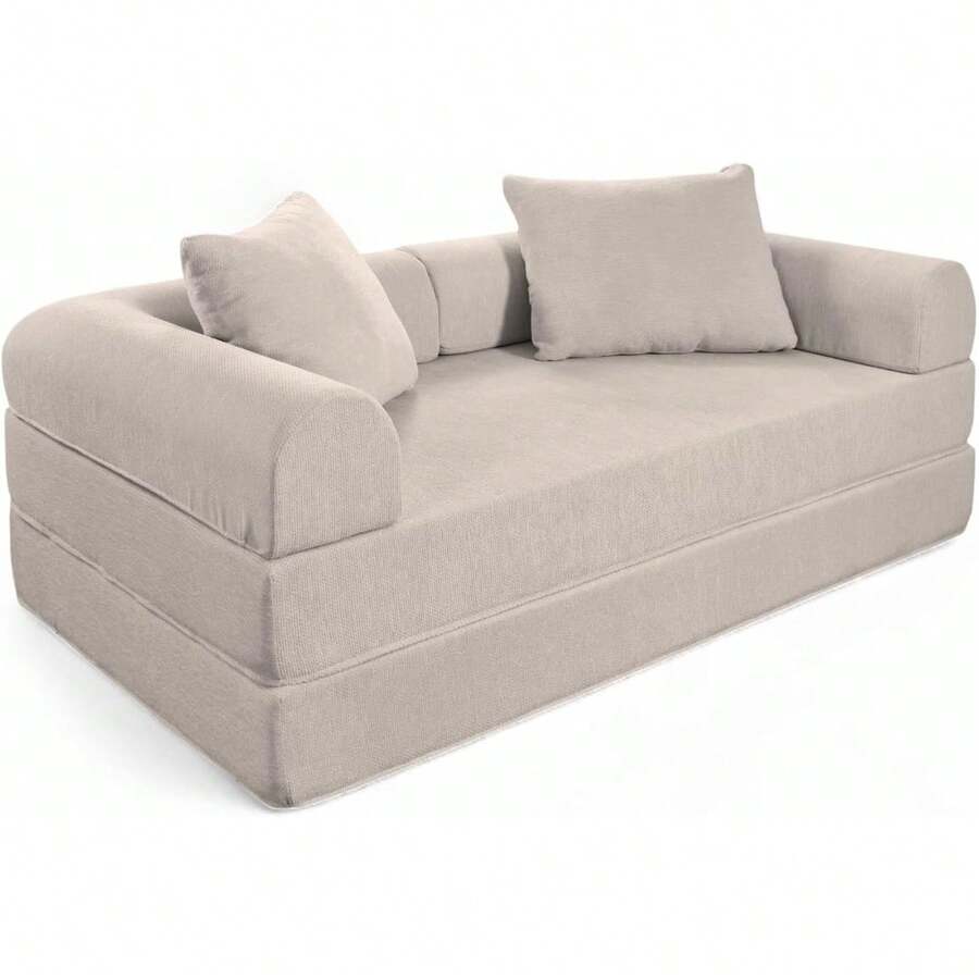Sofá Cama de Chenilla Teddy |   Diseño Convertible |   Hecho 100% de Espuma |   Comodidad y Versatilidad |   200x100x65 cm (Marfil) - Marfil - Ver 1