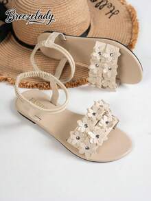 Breezelady Women's Stylish Multi-Flower Sandals, Stitched Petal Detail, Adjustable Ankle Strap, Feminine-Chic Style For Warm-Weather Daily Wear - 米色 - 查看 5