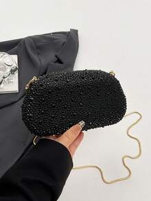 Women's Rhinestone Rounded Rectangular Evening Clutch, Curved Oval Front Handle Handbag, Fashion Crossbody Bag, Suitable For Wedding, Ball, Valentine's Day Party - Black - View 7