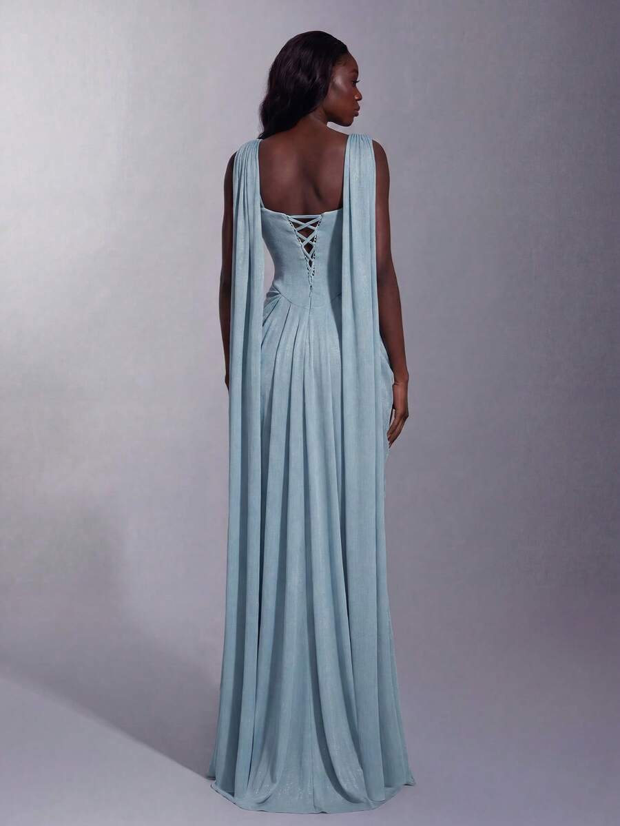 Elegant Strapless Long Dress With Corset Top, Keyhole Neckline, Flowing A-Line Silhouette Wedding Party Fall - Gray Blue - View 1