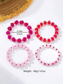 1pc/4pcs Rose Pink Gradient Colorblock Asymmetrical Resin Beaded Bracelet, Women's Bohemian Beach Vacation Layered Bracelet, Sweet Skin-Brightening Beach Photo Accessory - Beaded Bracelet - View 2