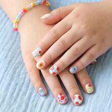 24pcs Cute Design Small Size Children's Press-On False Nail Stickers, Y2K Shiny Cute Patterns Including Toast Tomato, Fried Egg / Plaid / Bow Tie With Contrasting Colors, Rich Layers Without Clutter, Suitable For Spring/Summer, Picnic, Daily Casual Wear. Applicable To Children's Pre-Coated Glue Nail Stickers, Full Coverage Small Nail Tips, Suitable For Children Girls Gifts, Birthday Parties And Makeup Decoration - Multicolor - View 2