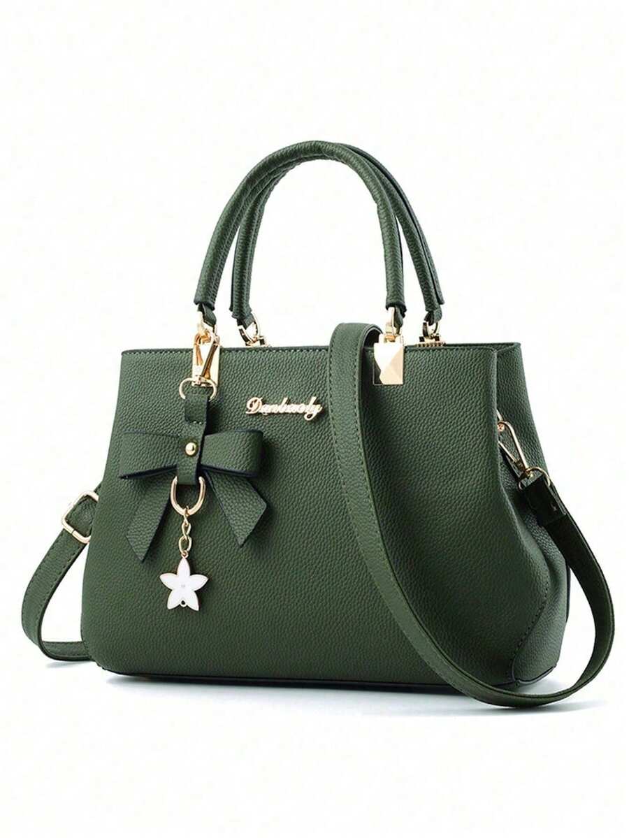 Solid Color, PU Material With Bow Pendant, Mother's Day Gift, Valentine's Day Gift, Elegant Women's Handbag, Shoulder Bag, Crossbody Bag, Large Capacity Handbag - 綠色 - 查看 1
