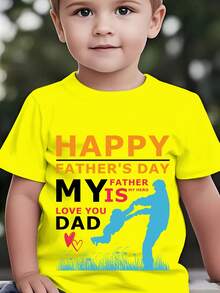 Camiseta de manga corta de moda para niños para el Día del Padre de verano, con estampado de dibujos animados de papá sosteniendo a un niño en sus brazos, "FELIZ DÍA DEL PADRE, MI PADRE ES M - Rojo - Ver 9
