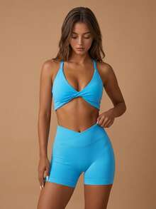 Women's Minimalist Solid Color Criss-Cross Waist Tight Sports Shorts Yoga - Blue - View 10