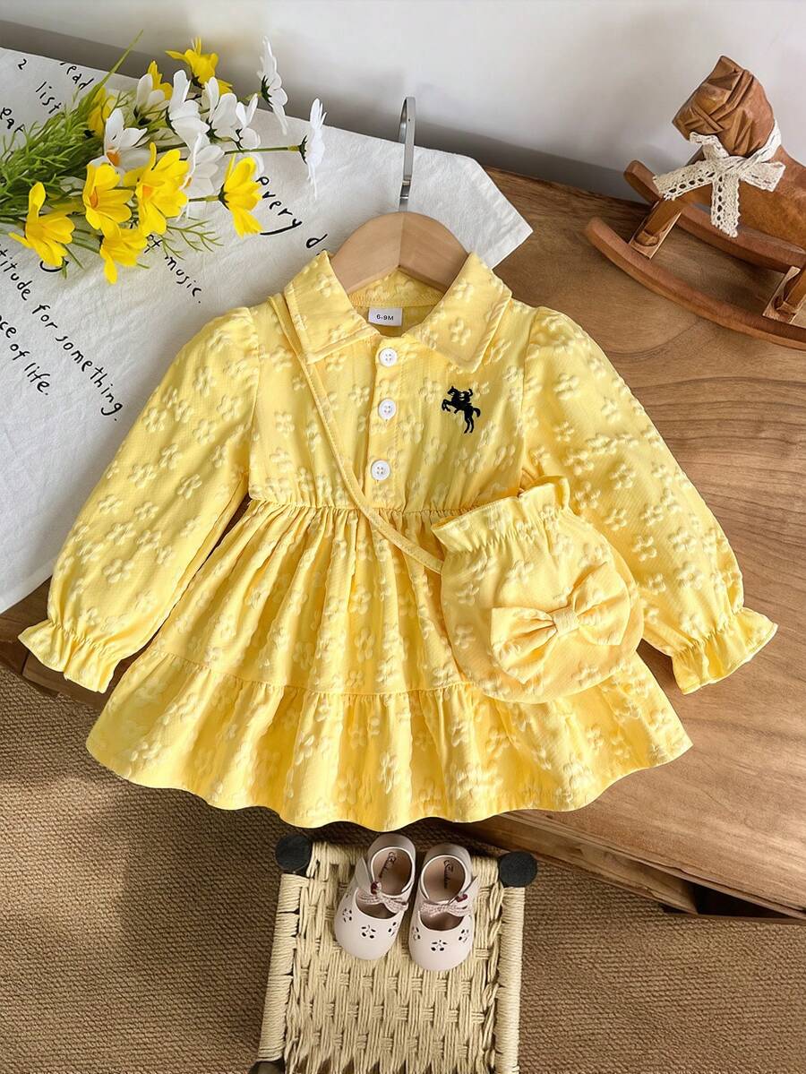 Baby Girl Sweet Spring/Autumn Princess Style 2-Piece Set: 3D Jacquard Lapel Long Sleeve Cinched Waist Dress + Matching Bow Crossbody Bag - Yellow - View 1