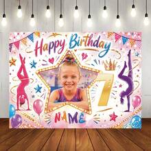 Customizable Name Photo Age Gymnastics Girl & Ballerina Theme Happy Birthday Watercolor Gymnastics Pose Silhouette, Triangle Bunting, Balloons, Floral Cake Elements, Encouraging Slogan Matching Gymnastics Dream Theme, Suitable For Gymnastics & Ballet Girl Birthday Party, Training Team Celebration, Sports Theme Photo Backdrop Vinyl Banner - Multicolor - View 25