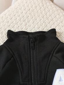 Infant Boys Neutral Zipper Stand Collar One-Piece Romper, Letter A Embroidered Long Sleeve Sweatshirt Jumpsuit, Casual Baby All-In-One Autumn Spring Outfit - Black - View 4