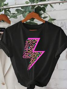 Camiseta con Estampado de Guepardo y Rayos de Neón, Manga Corta, Cuello Redondo, Estilo Casual, Primavera y Verano, Ropa para Mujer - Negro - Ver 1