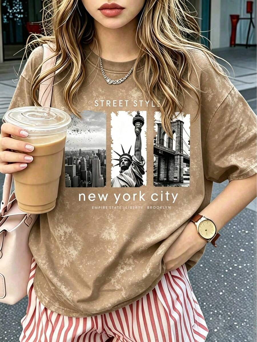 Camiseta de manga corta con estampado gráfico de la ciudad de Nueva York, estilo callejero casual con lavado vintage, color negro, para verano - Marrón - Ver 1