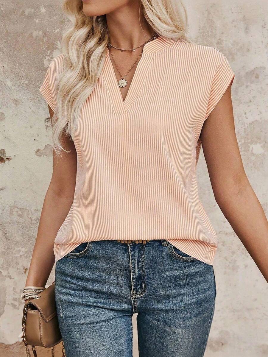 Camisa De Manga Murciélago Con Cuello Acanalado A Rayas - Naranja - Ver 1
