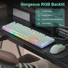 Combo de Teclado y Ratón para Juegos, Teclado K1 con Retroiluminación LED Arcoíris de 104 Teclas, Compatible con Computadora/PC/Portátil (Verde Claro) - verde claro - Ver 2