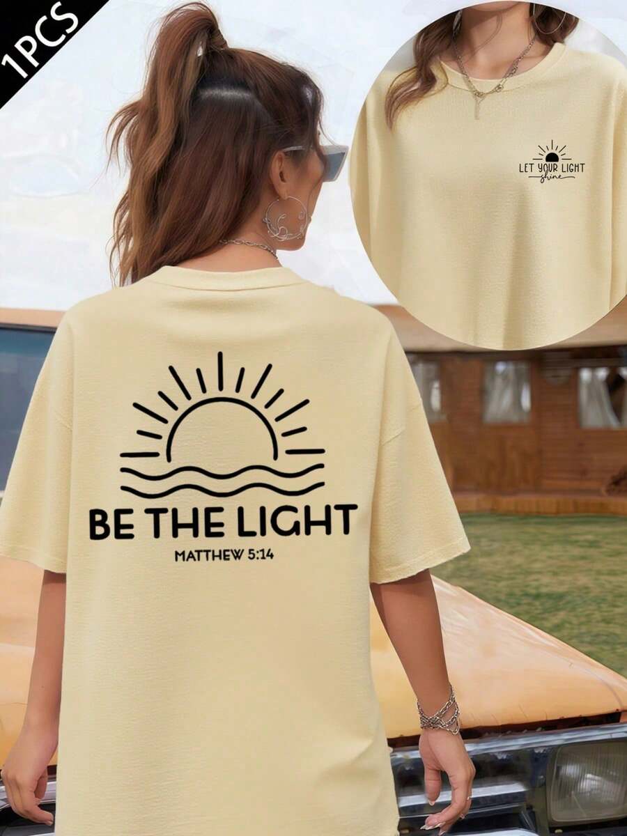 Be The Light Graphic T-Shirt, 180 G/M² Cotton T-Shirt With Double-Sided Print, Round Neck, Casual And Fashionable Style For Women (1 Piece) - 杏色 - 查看 1