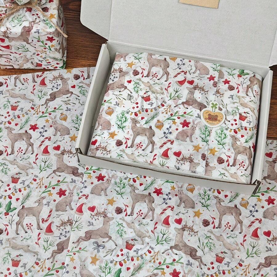 10/30/50 Sheets Christmas Reindeer Pattern Thin Paper, 20.0 Inches X 14.0 Inches Gift Wrapping Paper, Suitable For Christmas Wedding, Valentine'S Day Gifts, Birthday Gift Wrapping, Bouquet Wrapping, Gift Bag Filling, And Party Gifts - View 1