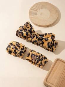 1/3pcs Leopard Print Large Bow Headband Set, Includes Splash-Proof Face Washing Headband, Soft And Washable, Suitable For Face Washing, Yoga And Sports - Multicolor - View 14