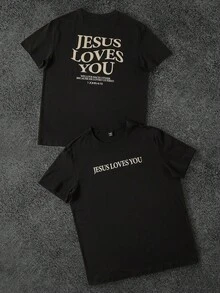 Manfinity Dauomo "Jesus Loves You" T-Shirt, Jesus T-Shirt, Christian T-Shirt, Aesthetic Clothing, T-Shirt With Bible Verse, Jesus T-Shirt, Christian Merchandise, Graphic Cue T-Shirt - 黑色 - 查看 1