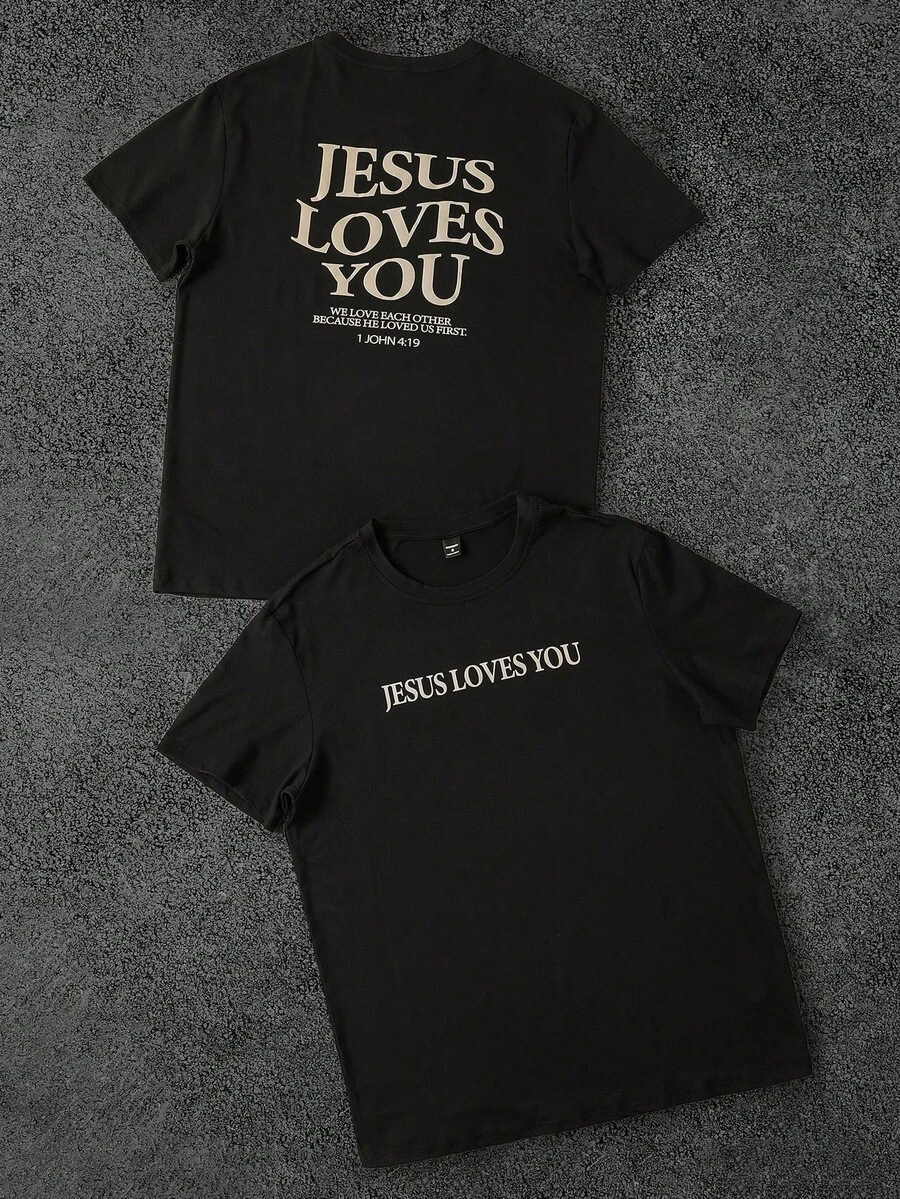 Manfinity Dauomo "Jesus Loves You" T-Shirt, Jesus T-Shirt, Christian T-Shirt, Aesthetic Clothing, T-Shirt With Bible Verse, Jesus T-Shirt, Christian Merchandise, Graphic Cue T-Shirt - 黑色 - 查看 1
