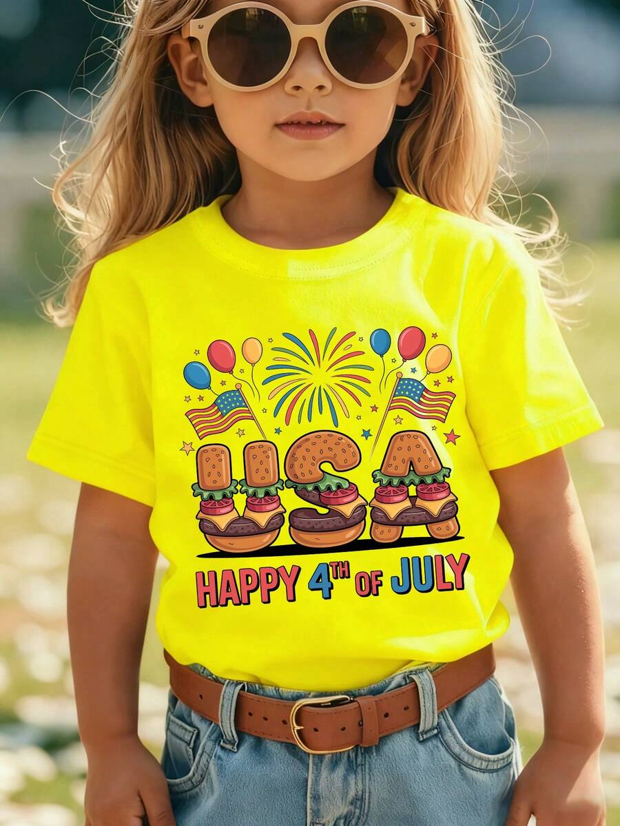 Girls' Short-Sleeved T-Shirt From The 'American Independence Day' Collection With Cartoon Prints Such As 'HAPPY 4TH OF JULY', Hamburger, United States, American Flag - 酒紅色 - 查看 1