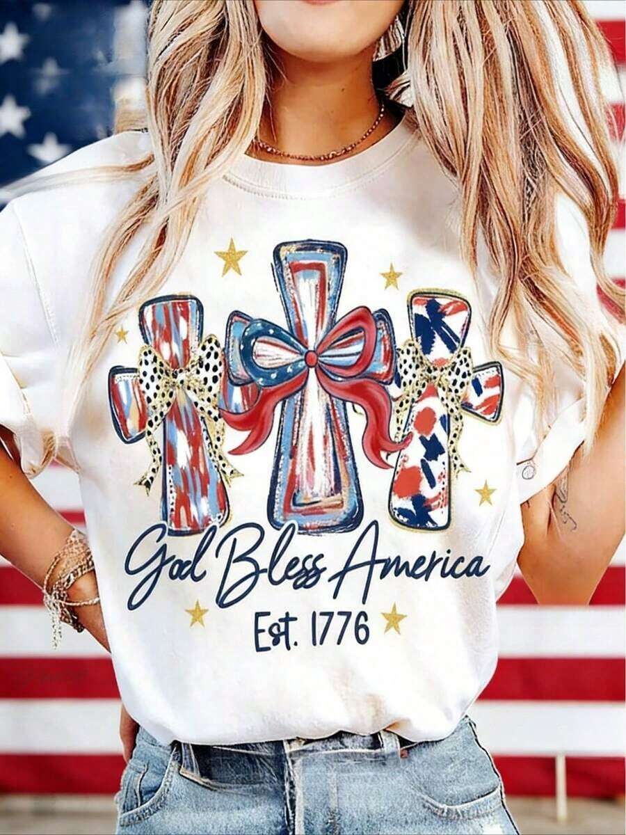 Graphic Crew Neck T-Shirts For The Celebration Of The 250th Anniversary Of The United States, T-Shirt With The Phrase "God Bless America", Women's T-Shirts For The 250th Anniversary Of The United States - 白色 - 查看 1