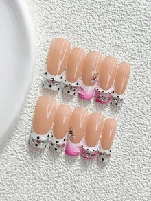 10pcs Y2K Style Handmade Press-On Nails, Polka Dot Wave Pattern Pink & White Water Ripple Poly Gel Nail Art Set, Rhinestone Embellished, Pink & White Nail Polish, Cool & Edgy Style, Includes Nail Tools, 3 Sizes Available, Almond/Duck/Coffin Shape, Suitable For Party, Dancing, Daily Wear - 彩色 - 查看 18