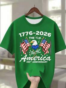 Boys' T-Shirt With American Flag And Bald Eagle For The 250th Anniversary (1776-2026) – 250th Anniversary Of Independence, Loose-Fitting Eagle Print T-Shirt, Gift Idea - 綠色 - 查看 3