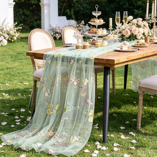 1pc Fresh Green Floral Embroidered Sheer Mesh Table Runner Tablecloth, Pleated French Vintage Style, Suitable For Home Decor, Outdoor Wedding, Bridal Party, Garden Tea Party And Picnic Table Decoration, Multiple Size Options