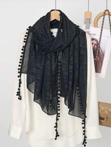 1 Stück Damen einfarbiger bedruckter vielseitiger Schal mit Cashew-Paisley-Muster und Pompon-Saum - Schwarz - Übersicht 1